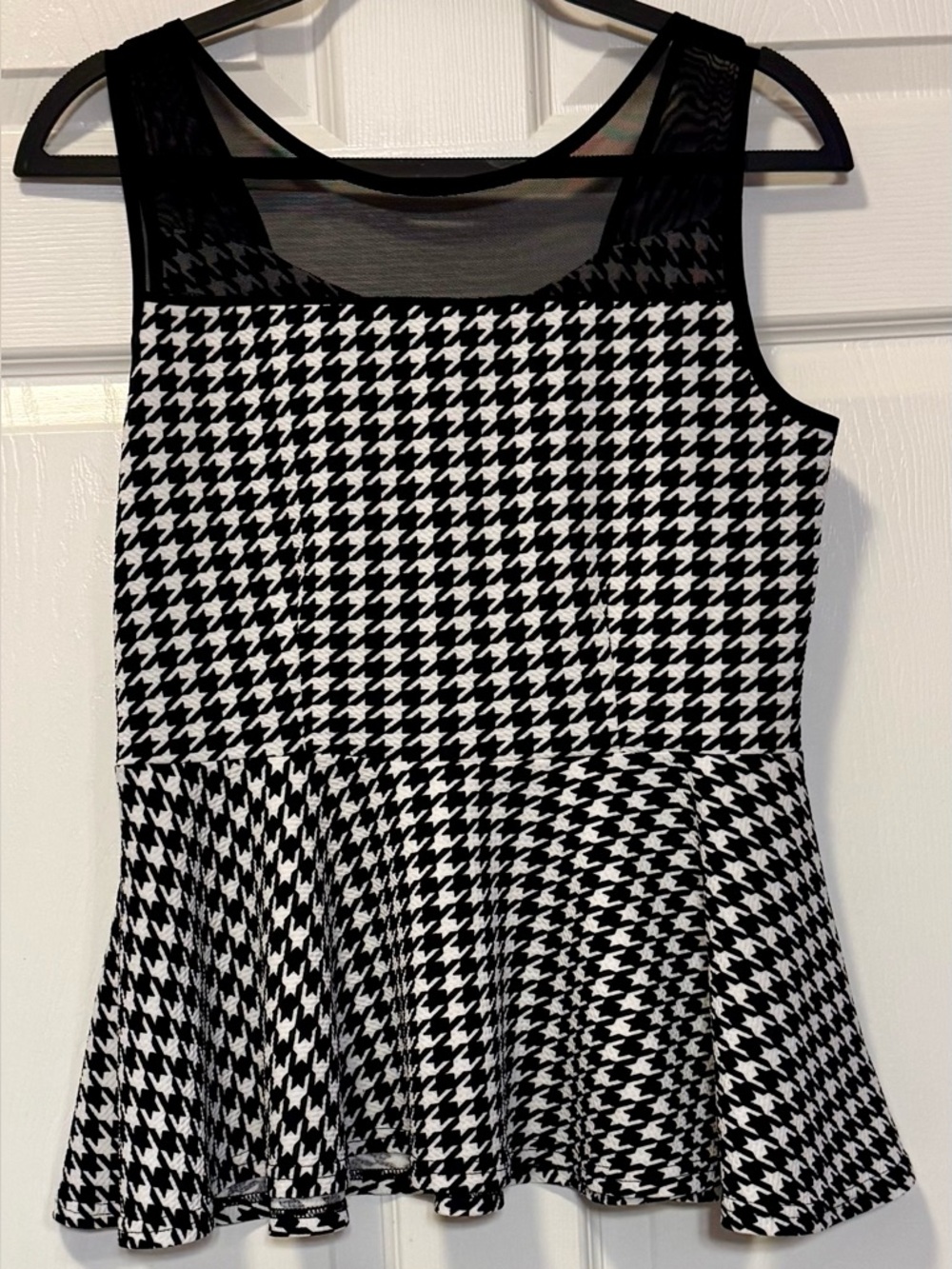Houndstooth Peplum Top Mesh Detail Gold Buckle Belted Waist M/L - Picture 3 of 11